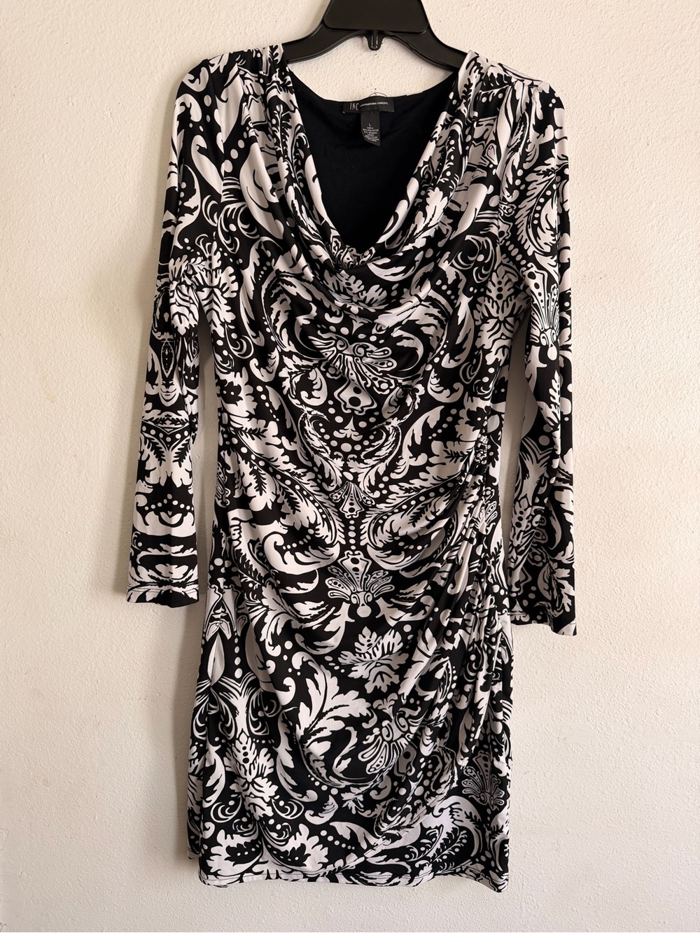 INC International Concepts Black & White Printed Cowl Neck Long Sleeve Dress